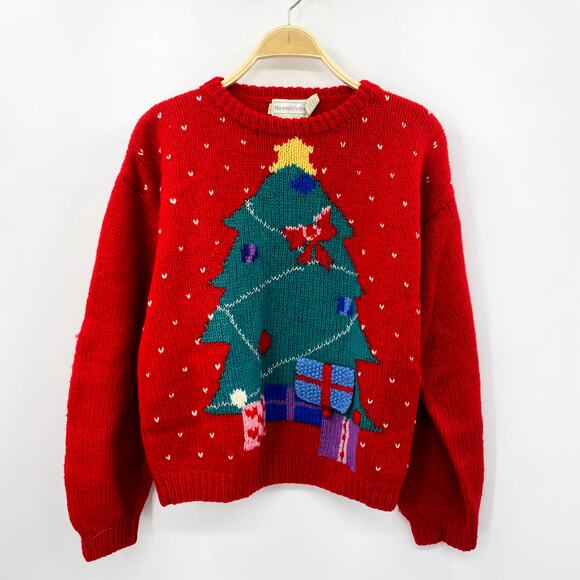 Vintage Sweaters - Vintage Christmas Hand Knit Sweater with Present Surprise